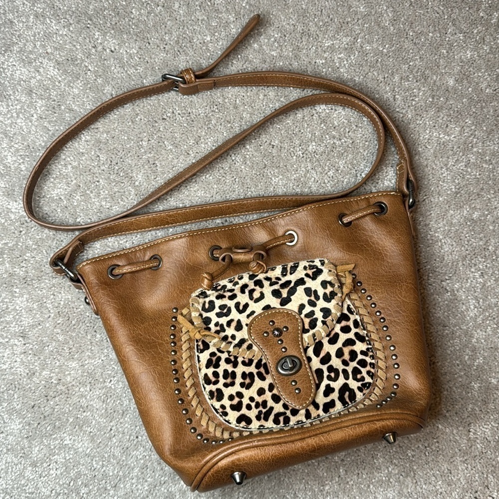 Montana West Handbag Bucket Drawstring Hair on Hide Leopard Cheetah Studded Bag
